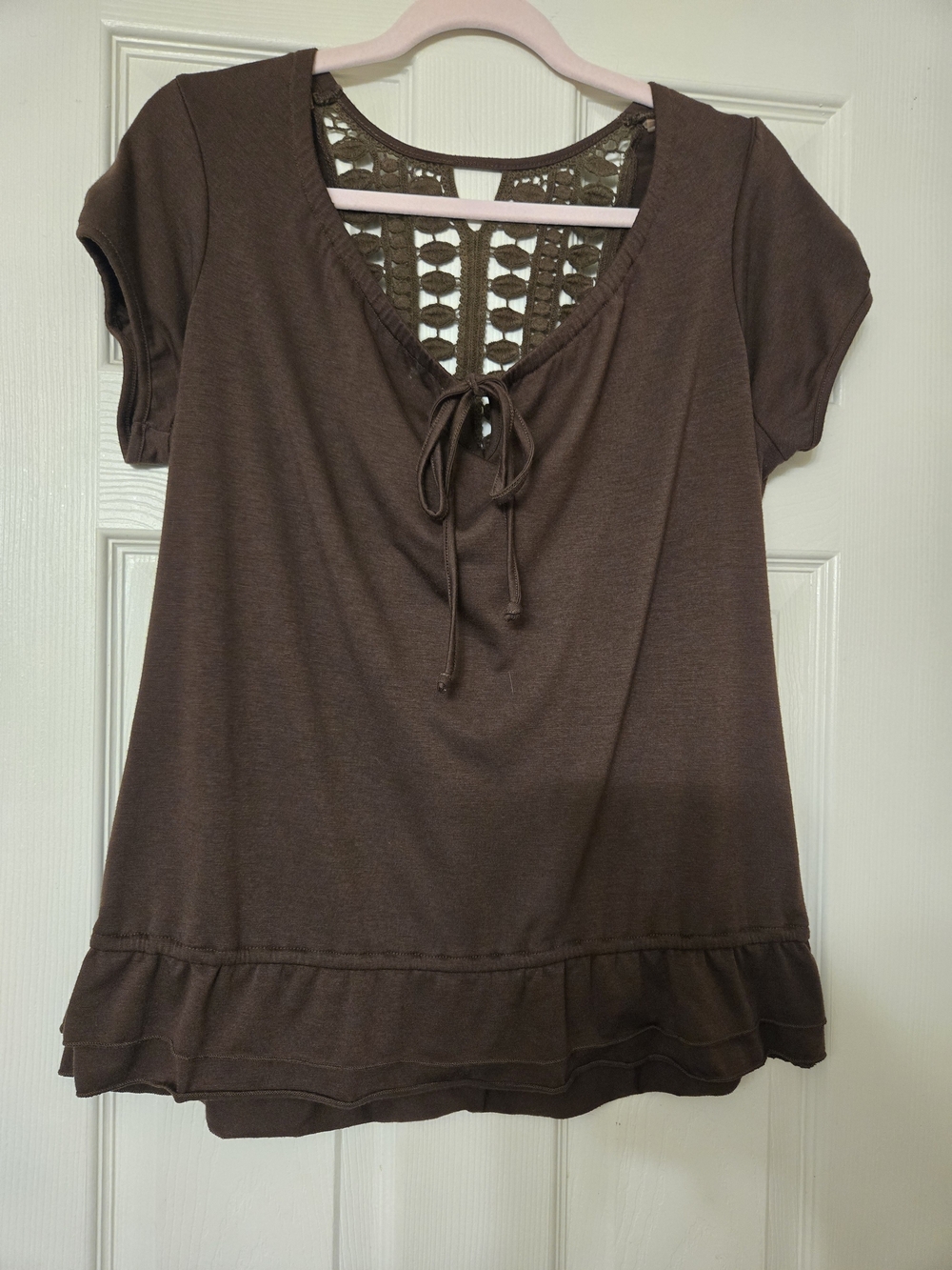 Self Esteem Brown Short-Sleeve Top with Lace Back Size XL